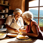 **

A warm, inviting kitchen scene in Tuscany, Italy. An elderly Italian "nonna" with a kind face is teaching a younger traveler how to make pasta by hand. Flour dusts the wooden table, and sunlight streams in through a window overlooking rolling hills. Focus on the shared smiles and connection between the two. In the background, traditional Italian cooking utensils and ingredients are visible.

**