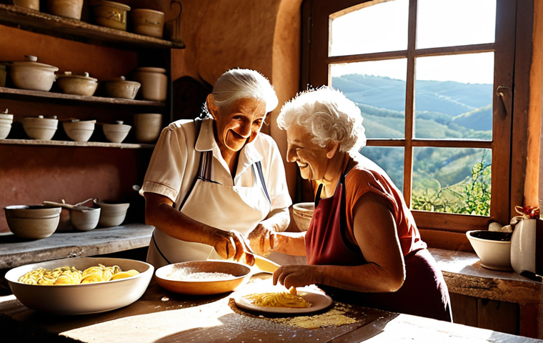 **
A warm, inviting kitchen scene in Tuscany, Italy. An elderly Italian "nonna" with a kind face is teaching a younger traveler how to make pasta by hand. Flour dusts the wooden table, and sunlight streams in through a window overlooking rolling hills. Focus on the shared smiles and connection between the two. In the background, traditional Italian cooking utensils and ingredients are visible.
**