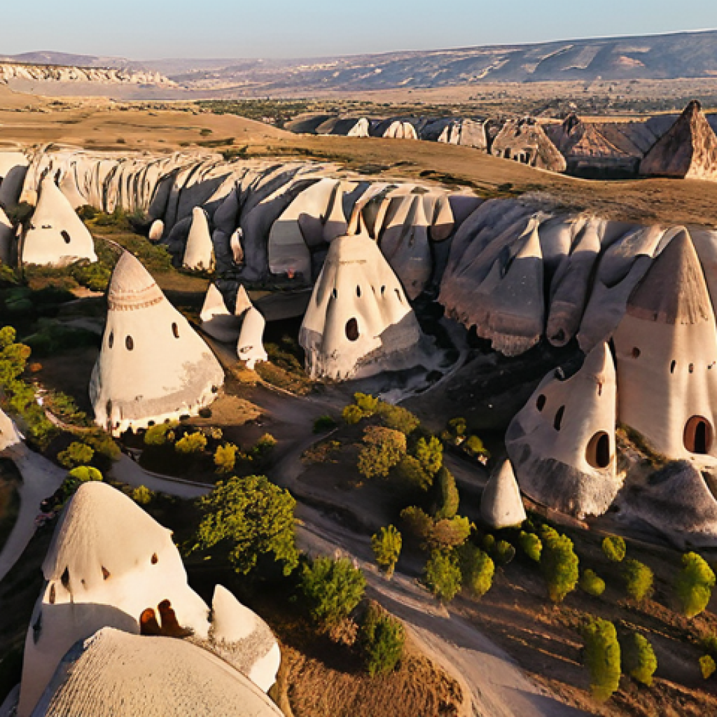 An awe-inspiring aerial view of Cappadocia, Turkey, showcasing the iconic fairy chimneys bathed in the soft morning light. A few elegant hot air balloons gently ascend in the distance, integrated harmoniously into the landscape, emphasizing respectful and sustainable tourism. The scene captures the tranquility and natural beauty of the region, with hints of conscious exploration. Art photography style, natural colors, tranquil atmosphere.