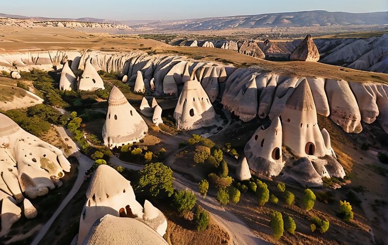 An awe-inspiring aerial view of Cappadocia, Turkey, showcasing the iconic fairy chimneys bathed in the soft morning light. A few elegant hot air balloons gently ascend in the distance, integrated harmoniously into the landscape, emphasizing respectful and sustainable tourism. The scene captures the tranquility and natural beauty of the region, with hints of conscious exploration. Art photography style, natural colors, tranquil atmosphere.